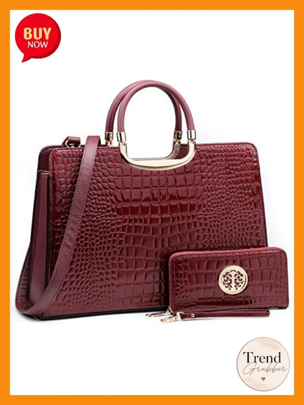 Vegan PU Croco Textured Satchel with Matching Wallet Work Bag